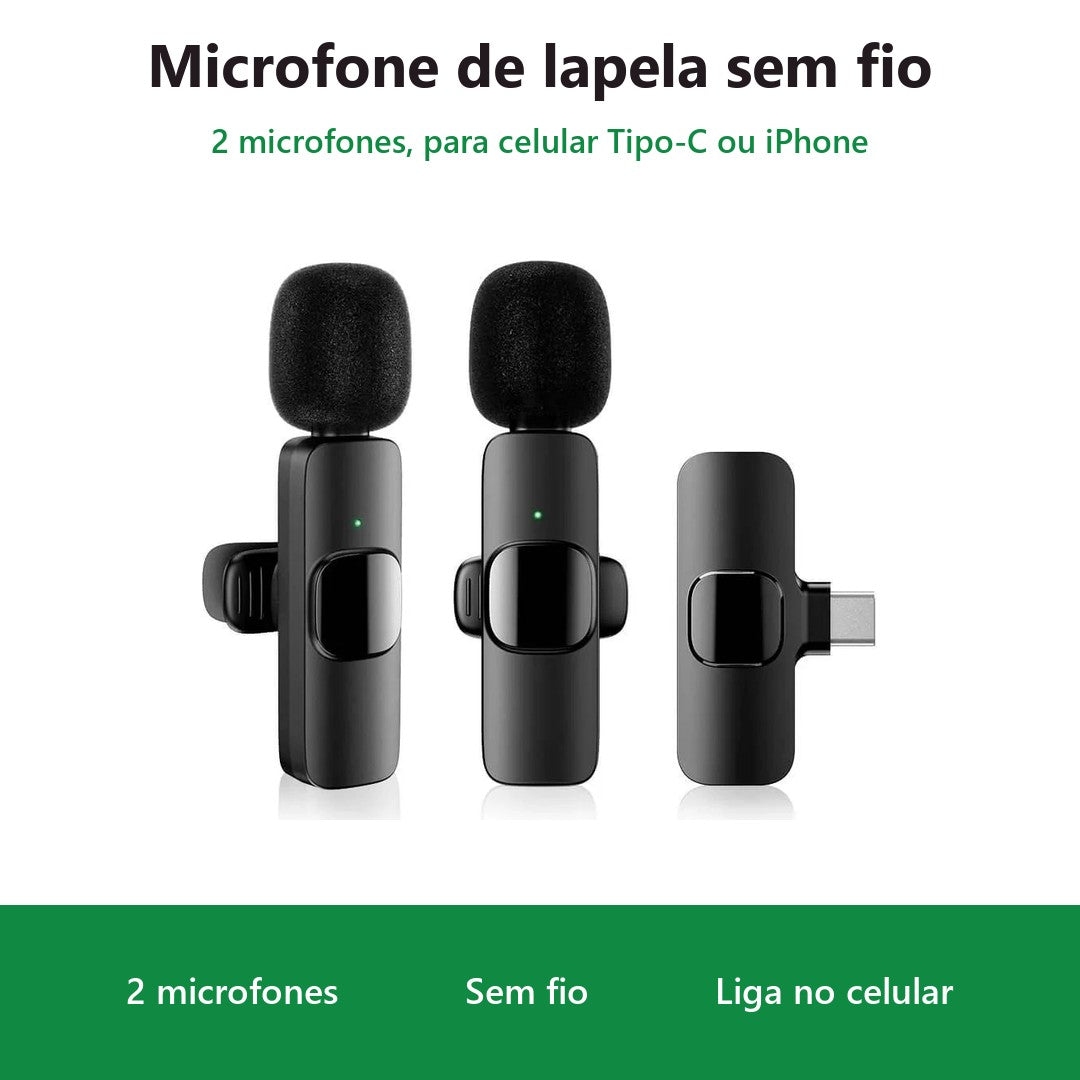 Kit 2 Microfone de Lapela Sem Fio Duplo