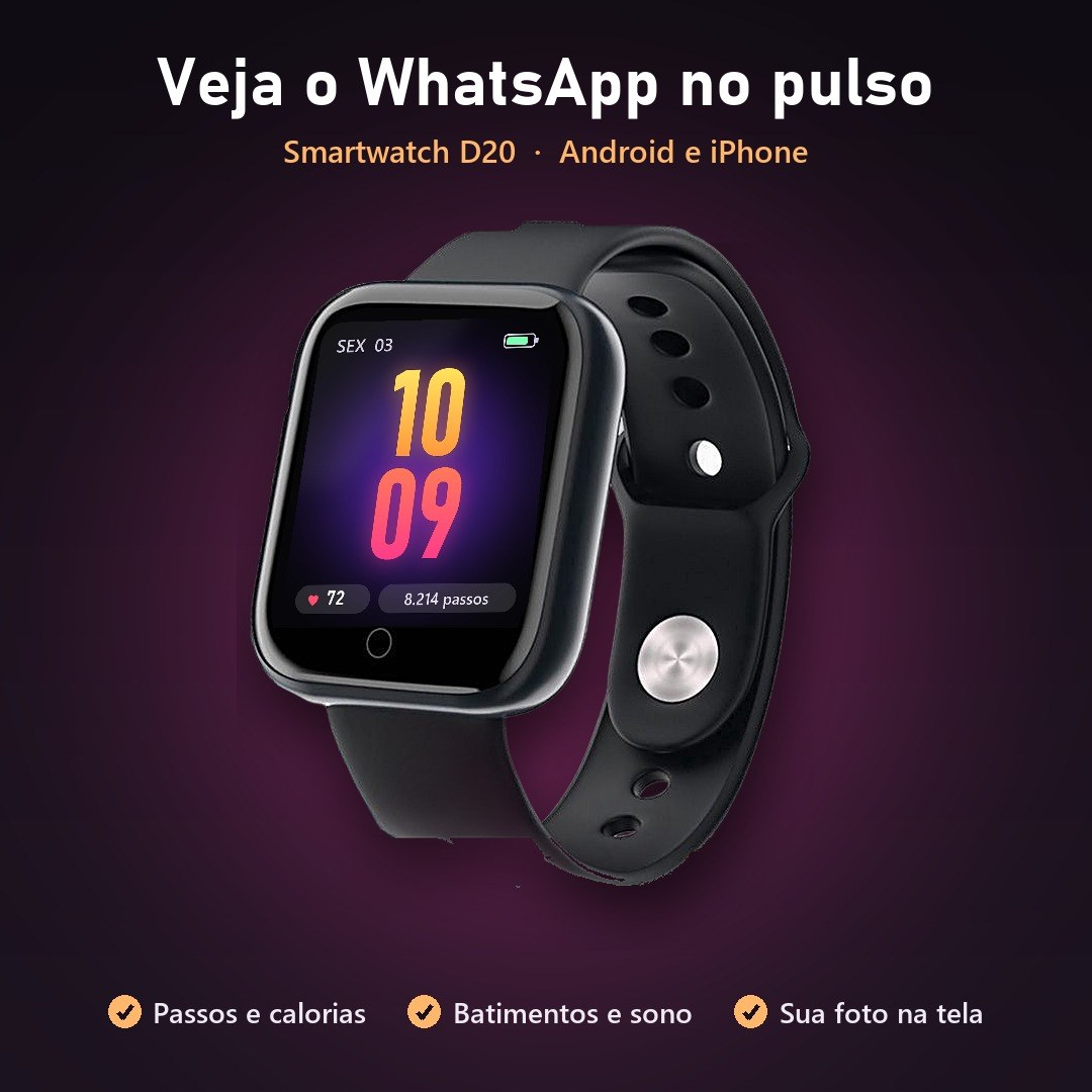 Kit com 2 Smartwatch D20: veja o WhatsApp no pulso