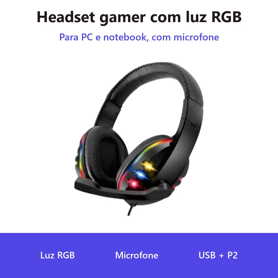 Kit 2 Headset Gamer com Luz RGB e Microfone