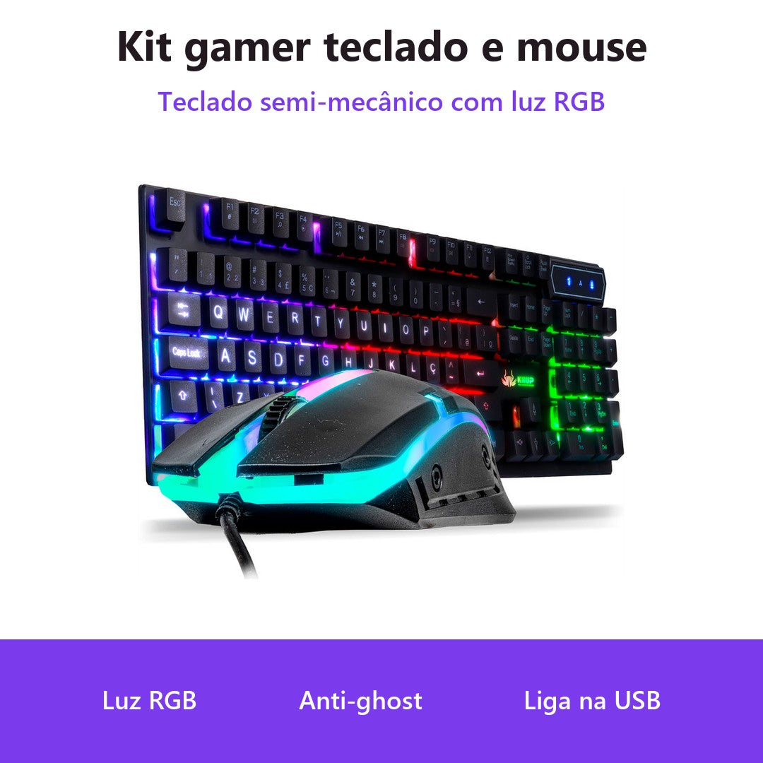 Kit 2 Conjuntos Gamer Teclado Semi-Mecânico e Mouse RGB